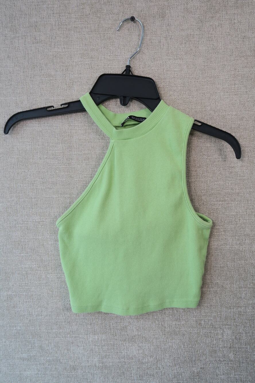 Zara Lime Green Ribbed Halter-Neck Crop Top